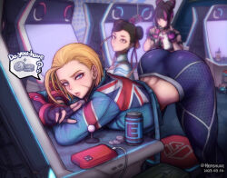 Rule 34 | 3girls, ahoge, arcade, arcade cabinet, ass, black hair, blonde hair, blue eyes, bracelet, brown eyes, brown hair, cammy white, can, capcom, cellphone, chun-li, coin, commentary, cropped jacket, cup, dated, disposable cup, double bun, drill hair, drink can, drinking, drinking straw, drinking straw in mouth, earrings, energy tank, english commentary, english text, facial scar, fingerless gloves, gloves, hair bun, hair horns, hair ribbon, han juri, hershuar, huge ahoge, indoors, jewelry, leaning on object, looking at viewer, mega man (series), multicolored hair, multiple girls, pants, phone, pink eyes, pink hair, ribbon, scar, scar on cheek, scar on face, short hair, smartphone, smartphone case, soda can, spiked bracelet, spikes, spoken object, streaked hair, street fighter, street fighter 6, tight clothes, tight pants, twin drills, twitter username, two-tone hair, union jack