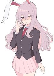 Rule 34 | 1girl, animal ears, arm up, blazer, blush, breast pocket, breasts, bright pupils, buttons, collared shirt, commentary, eyelashes, hair between eyes, highres, jacket, large breasts, light purple hair, long hair, looking at viewer, medium breasts, necktie, open mouth, pink skirt, pleated skirt, pocket, rabbit ears, red eyes, red necktie, reisen udongein inaba, shirt, sidelocks, simple background, skirt, solo, standing, suit jacket, touhou, triangle mouth, tsukimirin, white background, white pupils, wing collar