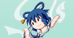 Rule 34 | 1girl, bent over, blue dress, blue hair, breasts, chibi, closed mouth, commentary request, dress, hagoromo, hair ornament, hair rings, hair stick, hands up, kaku seiga, light blue background, puffy short sleeves, puffy sleeves, rakugaki-biyori, shawl, short sleeves, simple background, small breasts, smile, solo, touhou, vest, white vest