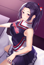 Rule 34 | 1girl, bad arm, black hair, black skirt, blush, bow, breasts, cheerleader, hair bow, huyumitsu, large breasts, long hair, on bed, original, pillow, ponytail, purple eyes, red bow, sitting, skirt, sleeveless, smile, solo, turtleneck
