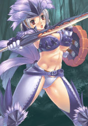 Rule 34 | 1girl, belt, breasts, capcom, feathers, grey hair, hypnocatrice (armor), large breasts, monster hunter (series), monster hunter frontier, navel, red eyes, shield, solo, sword, uchiu kazuma, underboob, weapon