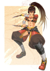 Rule 34 | 1girl, abs, breasts, brown hair, chaps, crop top, dagger, dual wielding, exeb., holding, knife, large breasts, midriff, muscular, muscular female, original, ponytail, solo, thong, weapon