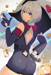 Rule 34 | 1girl, absurdres, ass, back cutout, bare shoulders, belt, black belt, black gloves, blue eyes, clothing cutout, coin, commentary, cowboy shot, detached sleeves, elbow gloves, gloves, grey hair, highres, holding, holding coin, honkai: star rail, honkai (series), looking at viewer, numby (honkai: star rail), short hair, smile, solo, standing, thighs, topaz (honkai: star rail), trotter (honkai: star rail), yellow glasses (odivichno)