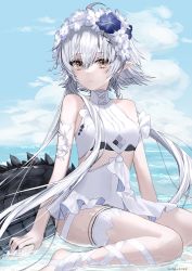 Rule 34 | 1girl, arknights, armlet, artist name, bad id, bad pixiv id, bare shoulders, blue flower, blue sky, braid, brown eyes, casual one-piece swimsuit, covered navel, crocodilian tail, day, flower, hair between eyes, hair flower, hair ornament, highres, horizon, japanese clothes, kimono, long hair, looking at viewer, ocean, official alternate costume, one-piece swimsuit, outdoors, parted lips, pointy ears, shallow water, silver hair, sitting, sky, smile, solo, stirrup legwear, suiua, swimsuit, tail, toeless legwear, tomimi (arknights), tomimi (silent night) (arknights), very long hair, wariza, water, white flower, white legwear, white one-piece swimsuit, x hair ornament