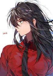 Rule 34 | 1boy, alternate costume, alternate form, black hair, black necktie, brown eyes, collared shirt, dress shirt, expressionless, inuyasha, inuyasha (character), inuyasha (human), long hair, looking to the side, male focus, messy hair, necktie, pectorals, red shirt, shirt, simple background, solo, sukja, upper body, white background