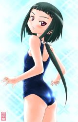 Rule 34 | 00s, 1girl, ass, blush, green hair, hair ribbon, looking at viewer, my-hime, okuzaki akira, one-piece swimsuit, ponytail, ribbon, shiny clothes, solo, swimsuit