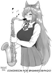 Rule 34 | 1girl, animal ears, artist name, blush, breasts, closed eyes, collared shirt, commission, cowboy shot, dress shirt, glasses, greyscale, highres, instrument, long hair, medium breasts, miniskirt, monochrome, music, musical note, necktie, norman maggot, playing instrument, pleated skirt, round eyewear, saxophone, shirt, simple background, skirt, solo, standing, sweater vest, very long hair, white background