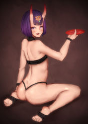 Rule 34 | 1girl, absurdres, ass, back, bare shoulders, bob cut, breasts, cup, eyeliner, fate/grand order, fate (series), headpiece, highres, horns, looking at viewer, looking back, makeup, oni, open mouth, purple eyes, purple hair, revealing clothes, sakazuki, selarz, short hair, shuten douji (fate), sitting, skin-covered horns, small breasts, smile, solo, wariza