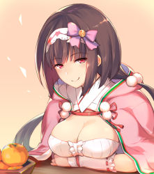Rule 34 | 1girl, blush, bow, breasts, brown hair, c:, cleavage, fate/grand order, fate (series), food, frills, fruit, hair bobbles, hair bow, hair ornament, hairband, half-closed eyes, hinooka shuuji, hood, hood down, japanese clothes, long hair, looking at viewer, low twintails, mandarin orange, medium breasts, osakabehime (fate), pink bow, purple eyes, revision, ribbon trim, sidelocks, smile, solo, twintails, upper body