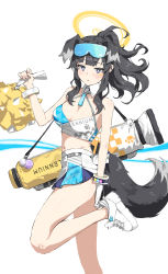 Rule 34 | 1girl, absurdres, animal ears, bare arms, bare legs, bare shoulders, black hair, blue archive, blush, breasts, cheerleader, cleavage, crop top, dog ears, dog girl, dog tail, eyewear on head, goggles, goggles on head, halo, hibiki (blue archive), hibiki (cheer squad) (blue archive), highres, leg up, long hair, looking at viewer, medium breasts, midriff, millennium cheerleader outfit (blue archive), miniskirt, myomu, navel, pom pom (cheerleading), shoes, skirt, sneakers, solo, standing, standing on one leg, star sticker, sticker on face, sunglasses, tail, thighs, white footwear