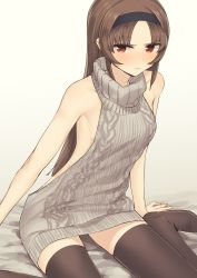 Rule 34 | &gt;:|, 1girl, :|, aran sweater, backless dress, backless outfit, blush, breasts, brown eyes, brown hair, cable knit, closed mouth, couzone, dress, glaring, hairband, halterneck, highres, long hair, looking at viewer, medium breasts, meme attire, naked sweater, original, ribbed sweater, sitting, solo, sweater, sweater dress, thighhighs, turtleneck, turtleneck sweater, v-shaped eyebrows, virgin killer sweater, wariza, wavy mouth