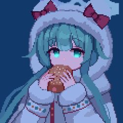 Rule 34 | 1girl, aqua eyes, blue archive, blue background, bread, coat, food, fur-trimmed hood, fur-trimmed sleeves, fur trim, green hair, halo, holding, holding food, hood, hood up, long hair, long sleeves, momiji (blue archive), pixel art, sidelocks, simple background, solo, tinia etru, white coat, winter clothes, winter coat