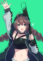 Rule 34 | 1girl, ahoge, arknights, arm up, baseball bat, black choker, black headwear, blush, brown hair, choker, commentary request, crop top, cuora (arknights), green background, green eyes, hair between eyes, highres, holding, holding baseball bat, jacket, long hair, long sleeves, looking at viewer, midriff, navel, open clothes, open jacket, open mouth, sasa onigiri, simple background, solo, stomach, upper body