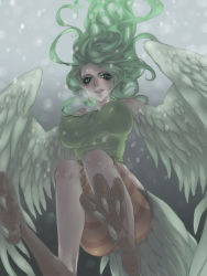 Rule 34 | 1girl, bad id, bad pixiv id, breasts, breath, canned beef, capri pants, cold, covered erect nipples, donquixote pirates, feathered wings, female focus, from below, green hair, harpy, large breasts, leggings, long hair, midriff, monet (one piece), monster girl, one piece, orange leggings, pants, patterned legwear, punk hazard, shirt, snow, snowing, solo, striped, striped leggings, talons, tank top, taut clothes, taut shirt, winged arms, wings, yellow eyes, yellow leggings