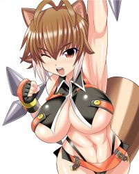 Rule 34 | 1girl, absurdres, animal ears, arc system works, arm up, blazblue, blazblue: continuum shift, breasts, brown eyes, brown hair, fingerless gloves, gloves, highres, huge breasts, konno tohiro, makoto nanaya, navel, one eye closed, open mouth, orange skirt, revealing clothes, short hair, simple background, skirt, smile, solo, squirrel ears, squirrel tail, tail, underboob, white background, wink