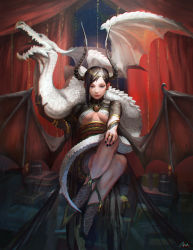 Rule 34 | 1girl, akagi shunsuke (und), animal, animal on shoulder, bat wings, black gloves, black hair, black nails, black wings, book, book stack, breasts, brooch, candle, coin (ornament), crossed legs, curtains, dragon, earrings, fire, gloves, hair ornament, hand on own knee, highres, horns, jewelry, lace, lace legwear, licking lips, looking at viewer, medium breasts, nail polish, obi, original, realistic, red eyes, red lips, ring, sash, see-through, short sleeves, single earring, single glove, sitting, socks, solo, swept bangs, tattoo, tongue, tongue out, transparent wings, underboob, wings