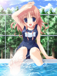 Rule 34 | 1girl, :d, bare shoulders, barefoot, blue eyes, blush, brown hair, chain-link fence, day, feet, fence, foot focus, forest, ishii akira, lens flare, long hair, nature, one-piece swimsuit, open mouth, original, outdoors, pink hair, pool, poolside, school swimsuit, sitting, smile, soaking feet, soles, solo, splashing, sun, swimsuit, toe scrunch, toes, tree, water