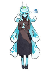 Rule 34 | 1girl, animal, animal on head, bag, baniran dorosu, black footwear, blue hair, blue horns, breasts, brown dress, closed mouth, colored sclera, dress, female focus, frog, full body, hair between eyes, half-closed eyes, horns, japanese text, jewelry, liquid hair, long hair, long sleeves, medium breasts, monster girl, necklace, on head, original, own hands together, personification, rain (baniran dorosu), red sclera, sad, shoes, shoulder bag, sidelocks, simple background, solo, standing, straight-on, striped horns, tears, translation request, very long hair, water, white background, white eyes