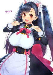 Rule 34 | 1girl, :d, animal ears, apron, asymmetrical bangs, bad id, bad pixiv id, black hair, blush, bow, breasts, cat ears, earrings, framed breasts, glint, heart, high-waist skirt, jellytits-7, jewelry, juliet sleeves, large breasts, long hair, long sleeves, looking at viewer, maid, maid headdress, open mouth, orange eyes, original, pink bow, pointing, pointing at self, puffy sleeves, skirt, smile, solo, two side up, very long hair, waist apron, white background