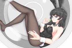Rule 34 | 1girl, animal ears, black bow, black bowtie, black hair, black leotard, blue eyes, bow, bowtie, clover, commentary request, detached collar, ekibyou, fake animal ears, fishnet pantyhose, fishnets, four-leaf clover, full body, highres, leotard, long hair, looking at viewer, nijisanji, no shoes, pantyhose, playboy bunny, rabbit ears, rabbit girl, rabbit tail, sitting, smile, solo, strapless, strapless leotard, tail, tsukino mito, virtual youtuber, wrist cuffs