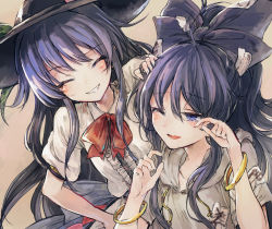 Rule 34 | 2girls, bangle, blue eyes, blue hair, blush, bow, bracelet, center frills, debt, closed eyes, food-themed hair ornament, frills, hair between eyes, hair bow, hair ornament, hand on another&#039;s head, hat, hinanawi tenshi, hisona (suaritesumi), hood, hoodie, jewelry, long hair, multiple girls, one eye closed, open mouth, peach hair ornament, puffy short sleeves, puffy sleeves, red neckwear, red ribbon, ribbon, short sleeves, smile, tears, touhou, yorigami shion