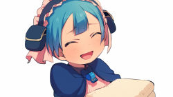 Rule 34 | 1boy, :d, ^ ^, asada hachi, blue hair, closed eyes, dot nose, closed eyes, furrowed brow, made in abyss, maid headdress, male focus, maruruk, open mouth, short hair, simple background, smile, solo, trap, twitter username, upper body, whistle, white background