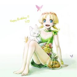 Rule 34 | 1girl, :d, barefoot, blonde hair, blue eyes, blush, bracelet, braid, bug, butterfly, croissant, dress, elf, flower, food, full body, happy birthday, highres, insect, jewelry, juno bernal, open mouth, pointy ears, pop-up story, simple background, sitting, smile, solo, stuffed animal, stuffed cat, stuffed toy, twin braids, umino kiri, white background