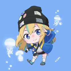 Rule 34 | 1girl, black beanie, black skirt, blonde hair, blue background, blue eyes, blue footwear, blue jacket, chibi, closed mouth, commentary request, copyright notice, green hair, hand on own hip, hat ornament, hood, hoodie, jacket, jellyfish, kneehighs, light blush, long hair, long sleeves, multicolored hair, official art, open clothes, open jacket, salute, skirt, smile, socks, solo, streaked hair, two-tone hair, white hoodie, white socks, yamanouchi kano, yoru no kurage wa oyogenai, zipper pull tab