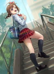 Rule 34 | 1girl, :d, ahoge, bag, black footwear, black socks, blue shorts, blue sky, blurry, blurry background, bow, bowtie, brown hair, building, carrying, commentary request, day, depth of field, dress shirt, drill hair, foot up, from behind, grey sweater, hair ribbon, idolmaster, idolmaster million live!, kamille (vcx68), loafers, looking at viewer, looking back, medium hair, miniskirt, open mouth, outdoors, plaid, plaid skirt, pleated skirt, purple eyes, railing, red bow, red bowtie, red ribbon, red skirt, ribbon, school bag, school uniform, shirt, shoes, short hair, shorts, side drill, side ponytail, skirt, sky, smile, socks, solo, stairs, standing, sweater, sweater vest, wind, yokoyama nao