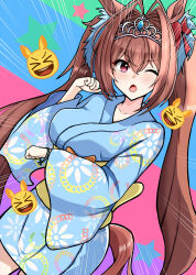 Rule 34 | 1girl, absurdres, animal ears, blue kimono, blush, breasts, chestnut mouth, commentary request, daiwa scarlet (umamusume), fukuyama (superkazuma), hair intakes, heart, heart-shaped eyes, highres, horse ears, horse girl, horseshoe print, japanese clothes, kimono, large breasts, long hair, looking at viewer, obi, one eye closed, open mouth, pink nails, red eyes, sash, smile, solo, tiara, tracen ondo (song), tracen ondo outfit (umamusume), twintails, umamusume, upper body, very long hair, white background