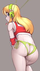 Rule 34 | 1girl, absurdres, android, ass, ass cutout, blonde hair, blue eyes, blush, breasts, butt crack, closed mouth, clothing cutout, curly brace, doukutsu monogatari, heart, heart cutout, heart pendant, highres, joints, long hair, looking at viewer, looking back, nickleflick, panties, robot joints, simple background, underwear