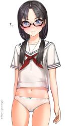 Rule 34 | 1girl, bad id, bad twitter id, black-framed eyewear, black hair, blue eyes, blush, character request, commentary request, copyright request, cowboy shot, embarrassed, frown, glasses, kanzaki muyu, long hair, looking at viewer, low twintails, midriff, navel, no pants, school uniform, semi-rimless eyewear, serafuku, simple background, solo, tears, twintails, twitter username, under-rim eyewear, white background, white legwear