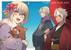 Rule 34 | 1boy, 2girls, ahoge, amakusa shirou (fate), animal, blonde hair, boar, edmond dantes (fate), eyebrows hidden by hair, fate/apocrypha, fate/grand order, fate (series), hair between eyes, hair ribbon, happy new year, highres, holding, holding umbrella, japanese clothes, jeanne d&#039;arc (fate), jeanne d&#039;arc alter santa lily (fate), kimono, looking at viewer, multiple girls, new year, oil-paper umbrella, open mouth, ribbon, scarf, short hair, silver hair, smile, teeth, tofu (bean359), umbrella, upper body, yellow eyes