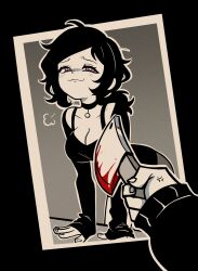 Rule 34 | 1boy, 1girl, absurdres, andrew graves (the coffin of andy and leyley), anger vein, ashley graves, black hair, blood, bloody knife, breasts, choker, cleavage, cleaver, goldiedood, highres, holding, holding cleaver, holding knife, knife, knife cat (meme), long sleeves, looking at viewer, medium breasts, meme, outline, outside border, pink eyes, ponytail, simple background, smile, smug, the coffin of andy and leyley