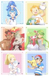 Rule 34 | &gt; &lt;, 3boys, 4girls, :3, abs, ahoge, alolan form, alolan marowak, alolan vulpix, animal hands, arm around neck, arm behind back, arm up, artist name, ash ketchum, back bow, bad id, bad pixiv id, bare shoulders, baseball cap, belt, black eyes, black hair, blonde hair, blowing kiss, blue eyes, blue hair, blue one-piece swimsuit, blue sailor collar, blue shirt, blush, blush stickers, bone, bow, braid, breasts, brown eyes, brown hair, charjabug, clenched hand, closed eyes, closed mouth, collarbone, creatures (company), dark-skinned female, dark-skinned male, dark skin, flat chest, french braid, full body, game freak, gen 1 pokemon, gen 7 pokemon, green eyes, green hair, green hairband, grin, hair tie, hairband, half-closed eye, hand on own hip, hand up, hands up, happy, hat, highres, holding, holding pokemon, jewelry, jpeg artifacts, kiawe (pokemon), lana (pokemon), light blush, lillie (pokemon), long hair, mallow (pokemon), matching hair/eyes, mei (maysroom), midriff peek, multicolored hair, multiple boys, multiple girls, navel, necklace, nintendo, one-piece swimsuit, one eye closed, open mouth, orange hair, outstretched arm, overalls, pikachu, pleated skirt, pointing, pokemon, pokemon (anime), pokemon (creature), pokemon sm (anime), ponytail, popplio, red eyes, red hair, red headwear, sailor collar, shirt, short hair, short sleeves, signature, skirt, sleeveless, sleeveless shirt, small breasts, smile, sophocles (pokemon), standing, striped background, striped clothes, striped shirt, swept bangs, swimsuit, swimsuit under clothes, tattoo, teeth, togedemaru, topless male, tsareena, turtonator, twintails, two-tone hair, upper body, white shirt, white skirt, wink, wristband, yellow hairband