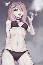 Rule 34 | 1girl, choker, crack cocaine, drugged, drugs, hair over one eye, highres, holding, holding smoking pipe, light purple hair, little witch academia, navel piercing, nsfw1331, pale skin, piercing, red eyes, smoking pipe, solo, sucy manbavaran