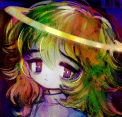 Rule 34 | 1girl, blonde hair, blue background, blue shirt, bright pupils, closed mouth, dot nose, eyeliner, green hair, hair between eyes, halo, highres, kitoral, long hair, looking at viewer, makeup, messy hair, multicolored hair, multicolored shirt, orange hair, original, portrait, psychedelic, purple eyes, purple shirt, shirt, solo, white pupils, white shirt, yellow halo