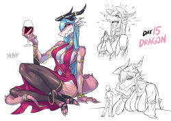 Rule 34 | 1boy, 1girl, alcohol, armlet, black footwear, blue hair, bracelet, breasts, brooch, chain, chain, claws, cleavage, colored skin, cup, dragon girl, dragon horns, dragon tail, dress, drinking glass, english text, giant, giantess, gold chain, head on hand, holding, holding cup, horn ornament, horn ring, horns, jewelry, long hair, multicolored skin, neck ring, one eye covered, open mouth, original, own hands together, pants, pink skin, purple dress, red eyes, ring, ryuusei (mark ii), short hair, simple background, sitting, snout, sparkle, spiked tail, spikes, tail, tail ornament, tail ring, thighhighs, toeless legwear, two-tone skin, very long hair, white background, wine, wine glass