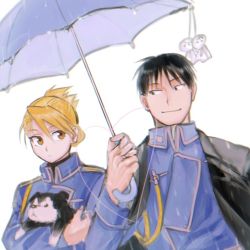 Rule 34 | 1boy, 1girl, amestris military uniform, black coat, black eyes, black hair, black hayate, blonde hair, blurry, brown eyes, carrying, character doll, coat, commentary request, depth of field, dog, doll, dutch angle, earrings, fingernails, fullmetal alchemist, heart, hetero, holding hands, jacket, jacket on shoulders, jewelry, light smile, looking at another, military, military uniform, ozaki (tsukiko3), rain, riza hawkeye, roy mustang, short hair, simple background, smile, umbrella, uniform, upper body, water drop, white background