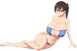 Rule 34 | 1girl, arm support, barefoot, bikini, black hair, blue bikini, breasts, brown eyes, commentary request, covered erect nipples, expressionless, eyepatch bikini, full body, hand on own hip, highleg, highleg bikini, huge breasts, kaga (kancolle), kantai collection, kloah, looking to the side, lying, on side, side ponytail, simple background, skindentation, solo, swimsuit, white background