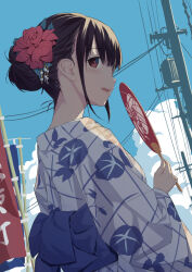 Rule 34 | 1girl, a-senmei, black hair, brown eyes, day, flower, from behind, hair bun, hair flower, hair ornament, hand fan, highres, holding, holding fan, japanese clothes, kanzashi, kimono, long sleeves, looking back, looking to the side, open mouth, original, outdoors, paper fan, sky, solo, uchiwa, yukata