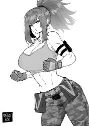 Rule 34 | armlet, artist name, belt pouch, breasts, camouflage, camouflage pants, clenched hands, dog tags, earrings, gloves, greyscale, highres, jewelry, large breasts, leona heidern, monochrome, navel, norman maggot, pants, ponytail, pouch, sidelocks, signature, simple background, tank top, the king of fighters, the king of fighters xiv, the king of fighters xv, triangle earrings