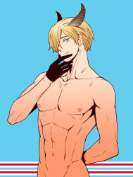 Rule 34 | 1boy, abs, axis powers hetalia, blonde hair, blue background, gloves, green eyes, hair over one eye, horns, luxembourg (hetalia), male focus, nude, out-of-frame censoring, rebasashi, simple background, solo