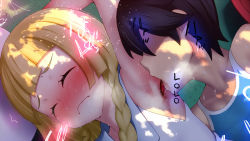 Rule 34 | 1boy, 1girl, arm up, armpits, bare shoulders, black hair, blonde hair, blue shirt, blush, braid, breath, closed eyes, creatures (company), dress, elio (pokemon), embarrassed, faceless, faceless male, game freak, grass, green background, hetero, japanese text, licking, licking armpit, lillie (pokemon), lying, nintendo, nose blush, on back, outdoors, pokemon, pokemon usum, prophecy (rakuichimonji), saliva, shaded face, shirt, short hair, sleeveless, sleeveless dress, sleeveless shirt, sweat, tank top, tongue, tongue out, translation request, twin braids, white dress