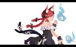 Rule 34 | 1girl, alternate costume, animal ear fluff, animal ears, arms up, bare shoulders, black choker, black dress, braid, cat ears, cat tail, choker, dress, extra ears, flaming skull, frilled dress, frills, from side, hair between eyes, hair ribbon, head tilt, hiemal (winter crow), highres, kaenbyou rin, letterboxed, looking at viewer, looking back, multiple tails, panties, pantyshot, red eyes, red hair, ribbon, short hair, simple background, smile, solo, standing, strapless, strapless dress, tail, tail ornament, tail ribbon, touhou, tress ribbon, twin braids, underwear, upper body, white background, white panties, wrist cuffs