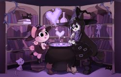 Rule 34 | absurdres, animal ears, black dress, book, cat, cat ears, cat tail, cauldron, chlomaki, dress, funamusea, furry, gato del futuro, grass, hat, heart, highres, oounabara to wadanohara, open mouth, original, pig, pig ears, pig tail, plant, potion, shelf, tail, wadanohara, witch, witch hat