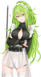 Rule 34 | 1girl, absurdres, alternate hairstyle, apron, belt pouch, blush, breasts, broom, buttons, character name, cleavage, crossed arms, damaged, detached sleeves, frills, girls&#039; frontline, green hair, hair between eyes, head tilt, highres, long hair, looking at viewer, m950a (girls&#039; frontline), m950a (home ec training) (girls&#039; frontline), maid, maid headdress, medium breasts, messy hair, no bra, official alternate costume, open mouth, partially unbuttoned, ponytail, pouch, ru zhai, shirt, sidelocks, simple background, skindentation, sleeve cuffs, sleeveless, sleeveless shirt, smile, solo, thighhighs, thighs, torn clothes, white background, white thighhighs, yellow eyes