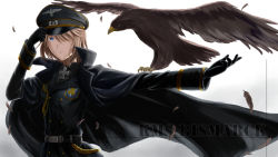 Rule 34 | 1girl, absurdres, aiguillette, animal on arm, badge, belt, bird, bird on arm, bismarck (warship girls r), black cloak, black gloves, black hat, black jacket, blue eyes, brown hair, buttons, character name, cloak, cross, eagle, feathers, gloves, gradient background, hat, highres, holding, holding clothes, holding hat, iron cross, jacket, looking afar, military, military uniform, one eye covered, outstretched arm, peaked cap, short hair, spread wings, uniform, warship girls r, xing muhen
