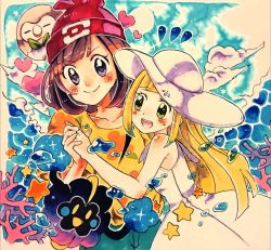 Rule 34 | 2girls, absurdres, aqua shorts, beanie, black eyes, blank eyes, blonde hair, blue sky, blush, blush stickers, brown hair, closed mouth, cloud, collarbone, coral, cosmog, creatures (company), day, dress, female focus, flat chest, floral print, game freak, gen 7 pokemon, green eyes, hand up, happy, hat, heart, highres, holding hands, legendary pokemon, lillie (pokemon), long hair, looking at viewer, multiple girls, nago celica, nintendo, notice lines, open mouth, outdoors, poke ball symbol, poke ball theme, pokemon, pokemon (creature), pokemon sm, red headwear, rowlet, selene (pokemon), shirt, short hair, short sleeves, shorts, sky, sleeveless, sleeveless dress, smile, standing, star (symbol), sun hat, sweat, teeth, traditional media, water, white dress, white headwear, yellow eyes, yellow shirt