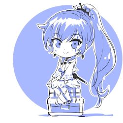 Rule 34 | 1girl, boots, chibi, iesupa, pectorals, ponytail, rwby, rwby chibi, scar, scar across eye, scar on face, sitting, smile, solo, suitcase, weiss schnee